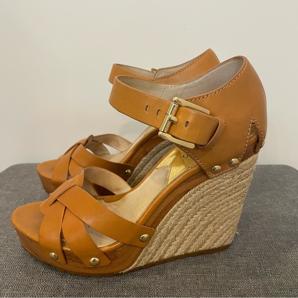 MICHAEL KORS Somerly Leather Strappy Espadrille Wedge - Tan Size 6.5